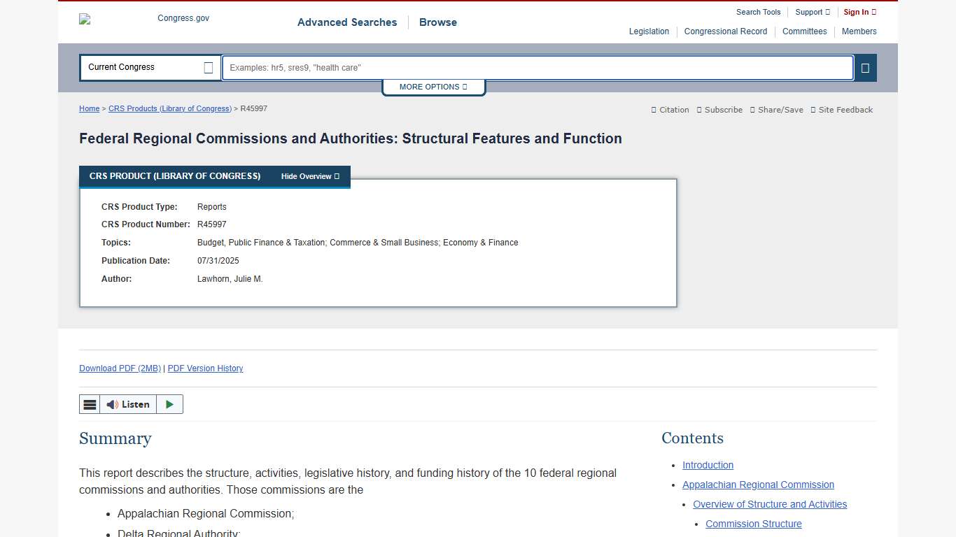 Federal Regional Commissions and Authorities: Structural Features and Function Congress.gov Library of Congress