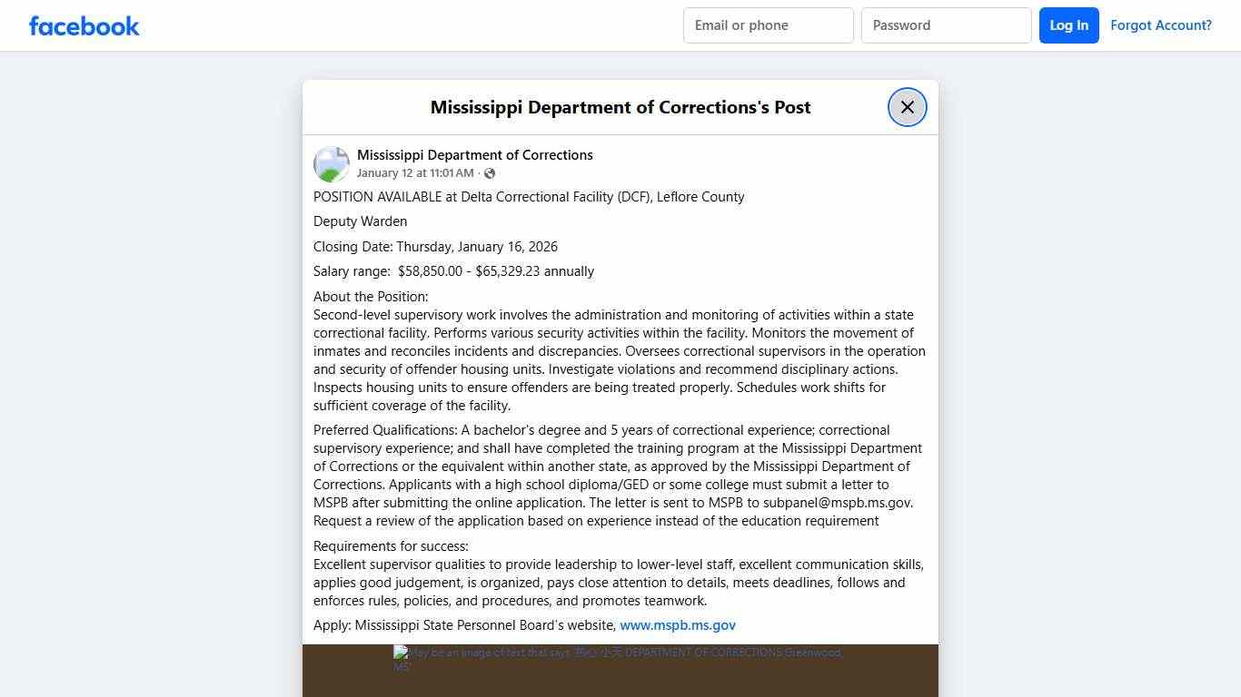 POSITION AVAILABLE... - Mississippi Department of Corrections Facebook