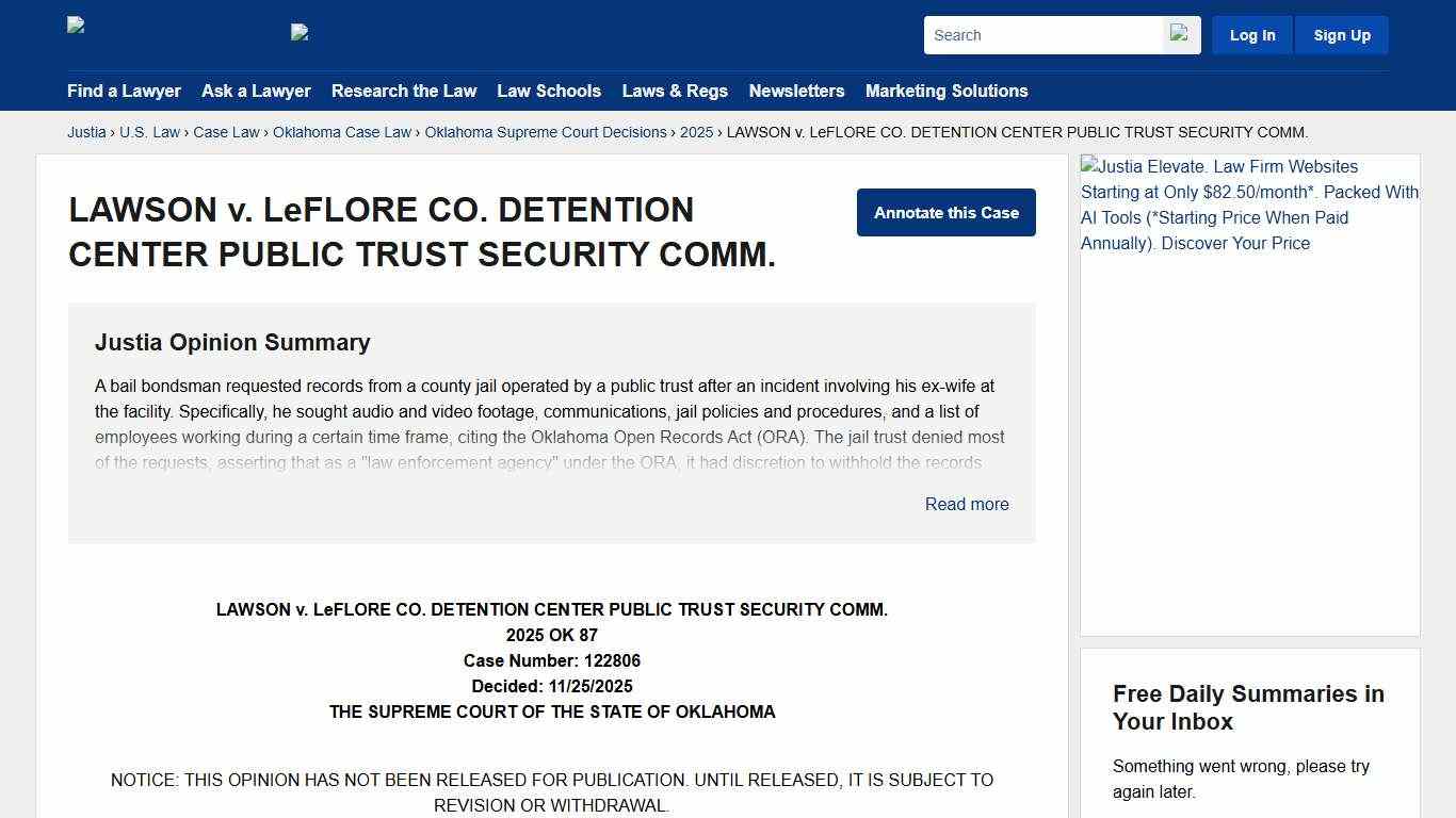 LAWSON v. LeFLORE CO. DETENTION CENTER PUBLIC TRUST SECURITY COMM. :: 2025 :: Oklahoma Supreme Court Decisions :: Oklahoma Case Law :: Oklahoma Law :: U.S. Law :: Justia